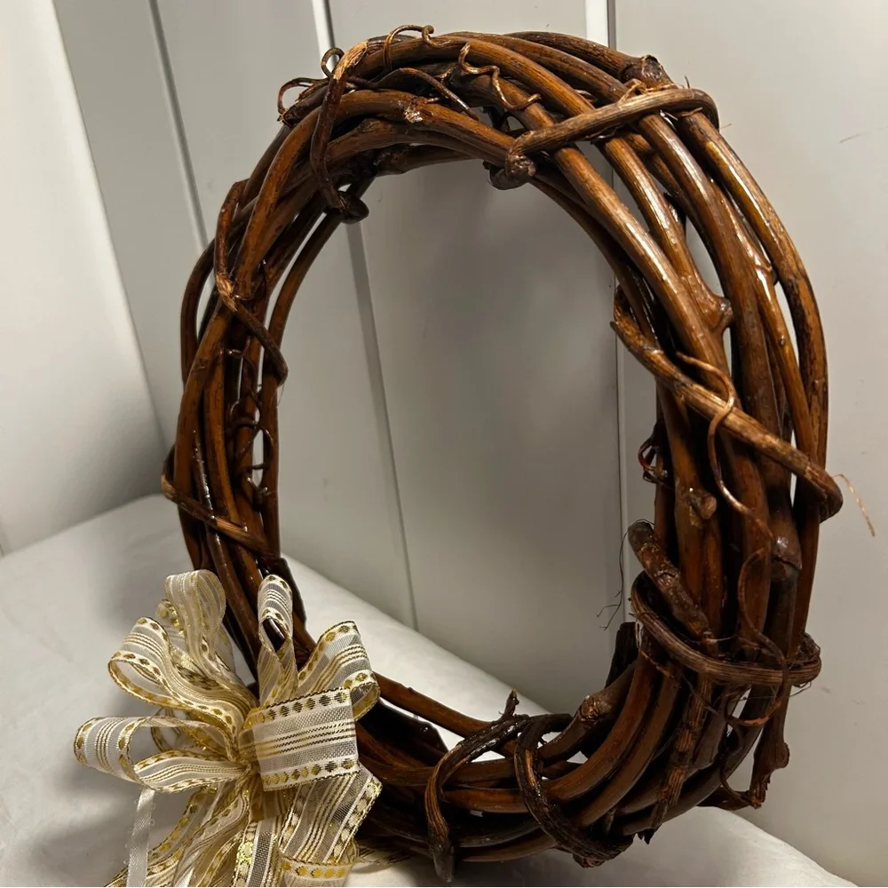 Grapevine Wreath Decorative Brown branch with Gold & White Ribbon